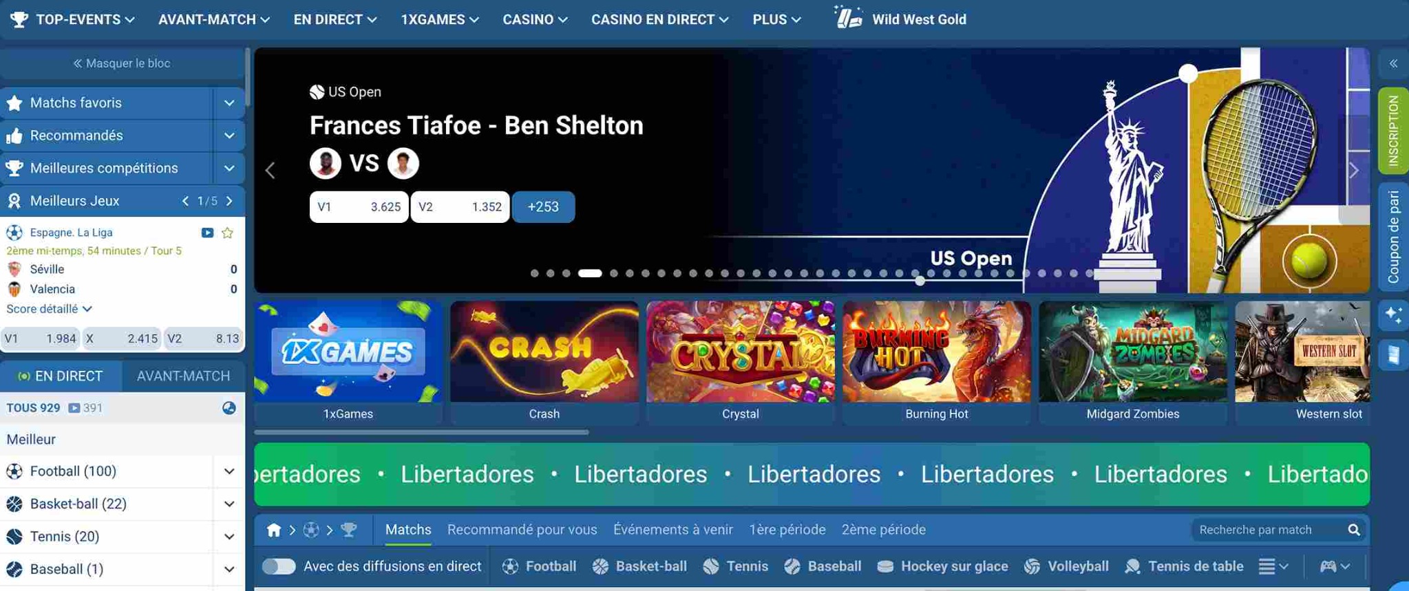interface 1xBet en français avec paris sportifs et jeux en ligne